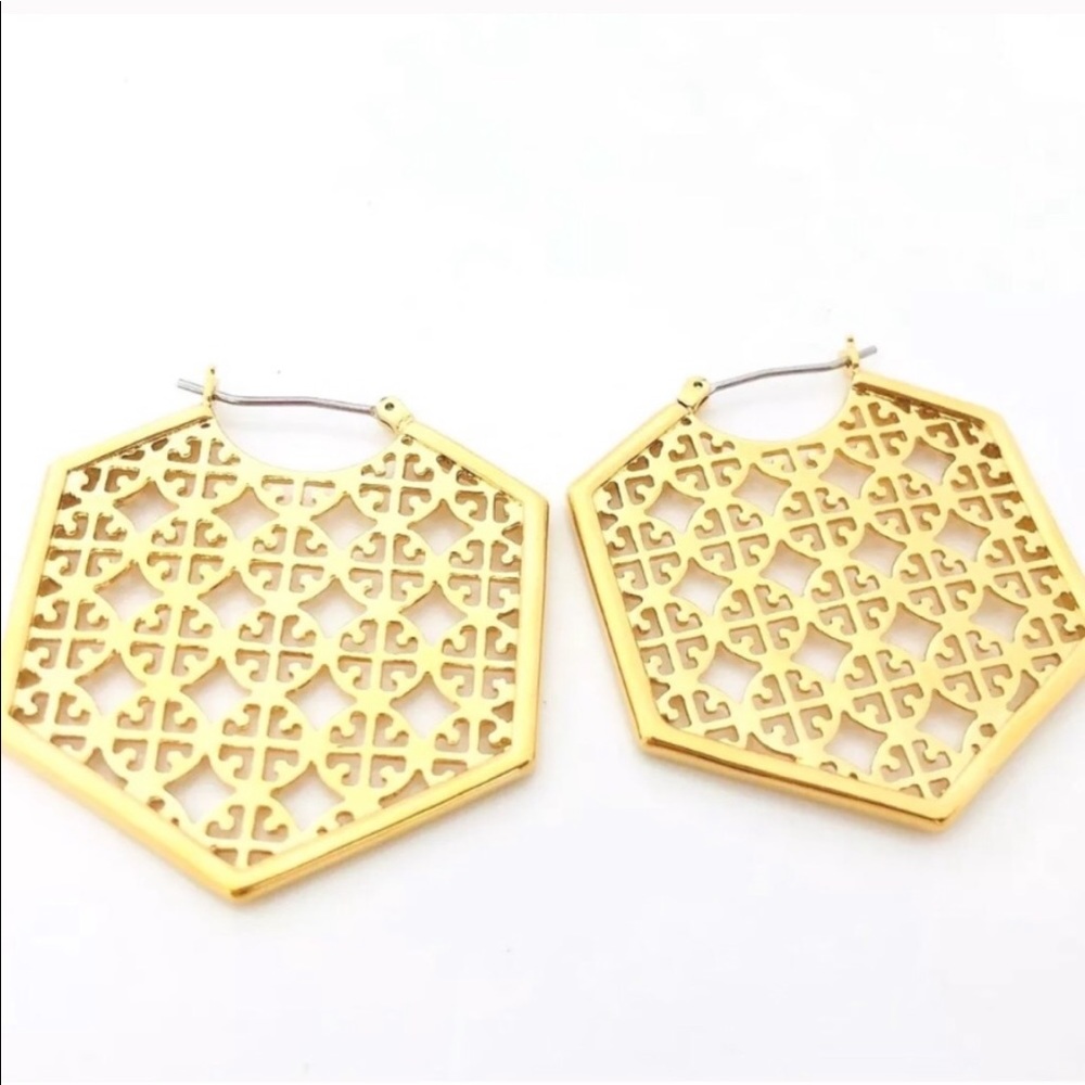 Tory Burch Gold Hexagon Perforated Hoop Earrings